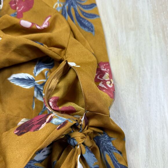 Lulu's Love & Light Mustard Yellow Floral Print Midi Romantic Faux Wrap Dress XS - Picture 7 of 16